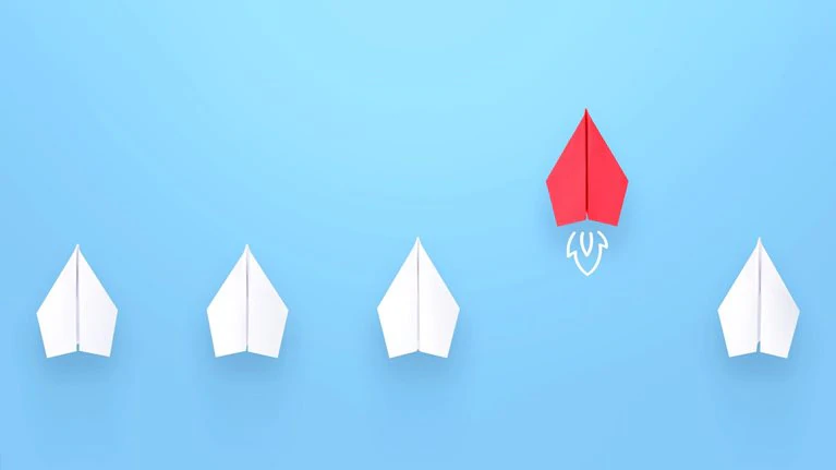 Change concepts with red paper airplane leading among white